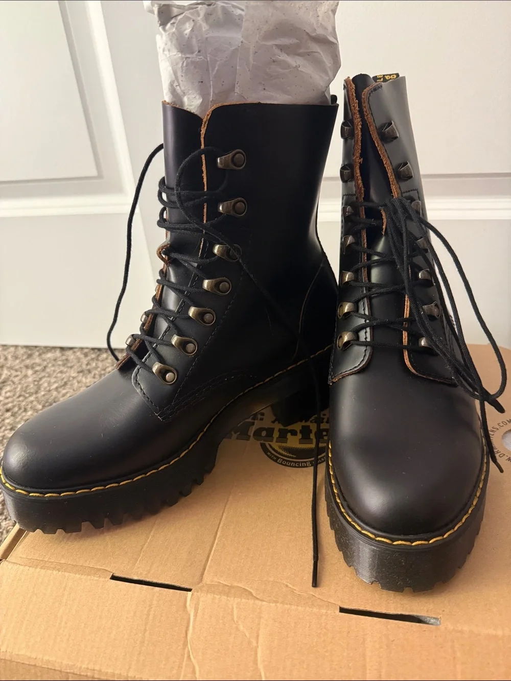 Dr. Martens Leona Vintage Smooth Black Lace-Up Platform with Yellow Stitching - Picture 6 of 9